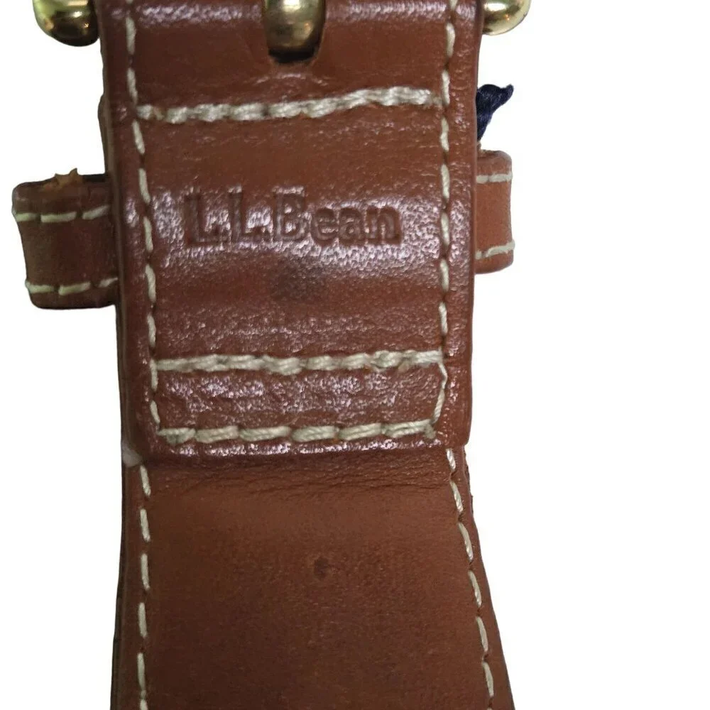 L.L. Bean Green Plaid Brown Leather Men's Belt Navy Trim Brass Buckle Size 45